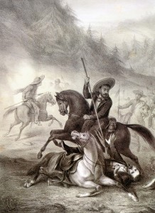 La caballería era el arma más versátil que tenían las dos fuerzas beligerantes dada su movilidad y acumulada experiencia de sus integrantes. Diestros en el uso de la lanza, las espadas y la letal sorpresa. P. Miranda, S. Hernández, Santos Degollado, litografía del siglo XIX. Imagen tomada del libro: Eduardo Báez, La pintura militar de México en el siglo XIX, México, SDN, 1992, p. 65.